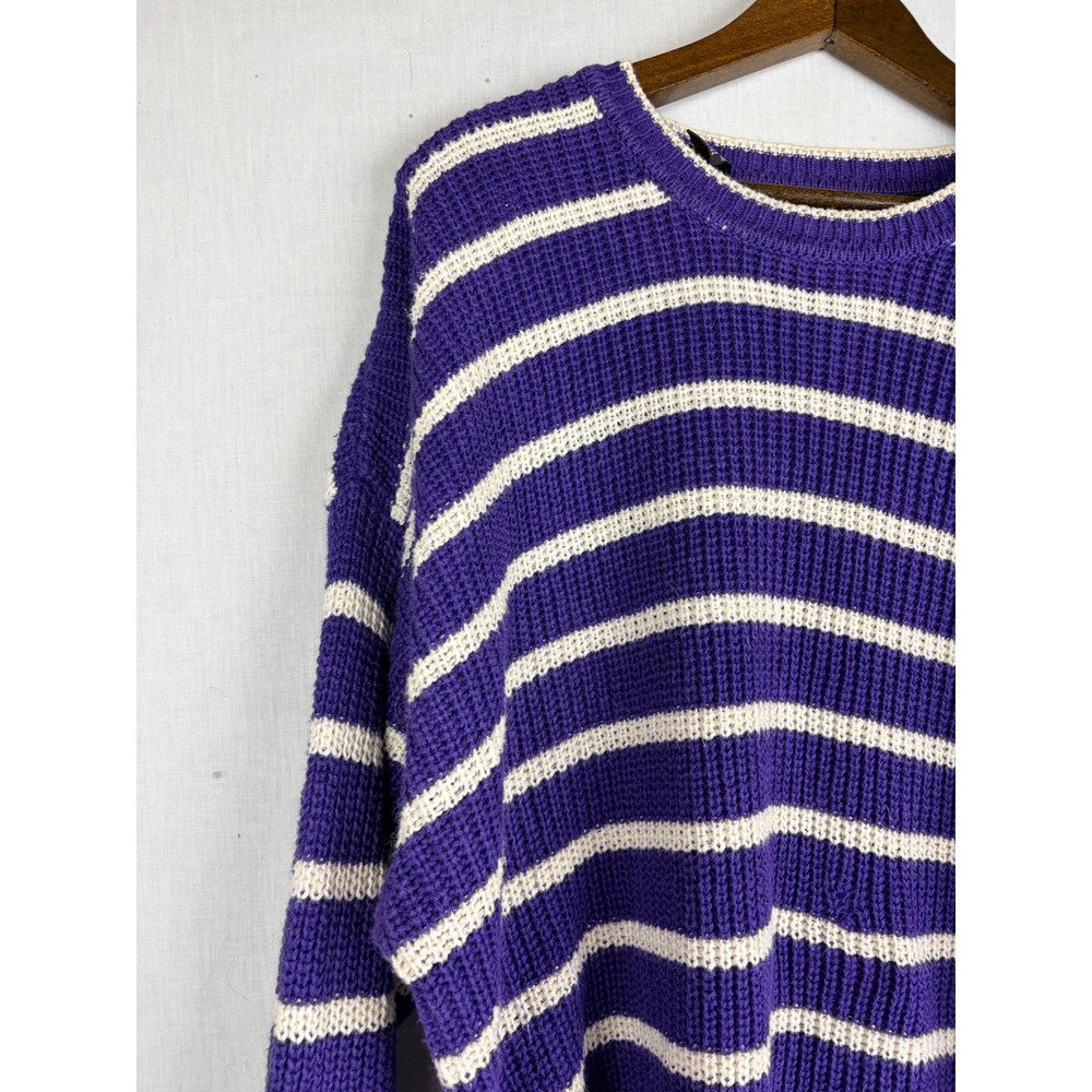 Chaus Sport L Purple White Striped Oversized Chunky Knit Crewneck Sweater - Picture 3 of 14